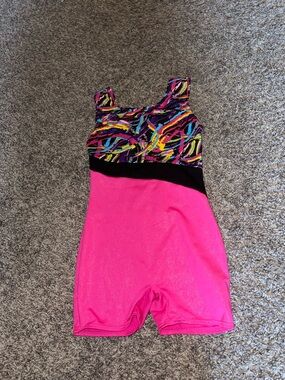 Bright Pink Girls' Gymnastics Leotard with Multicolor Top